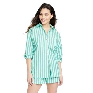 Women’s Cotton Button-Down Long Sleeve Aqua Blue Striped Shirt Size XS